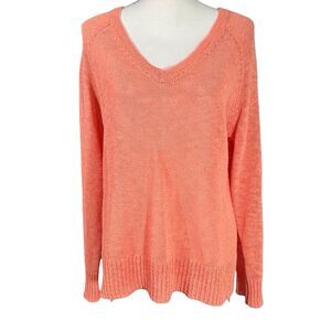 Eileen Fisher V-Neck Sweater Linen Blend Loose Knit Women’s Medium Peachy Orange